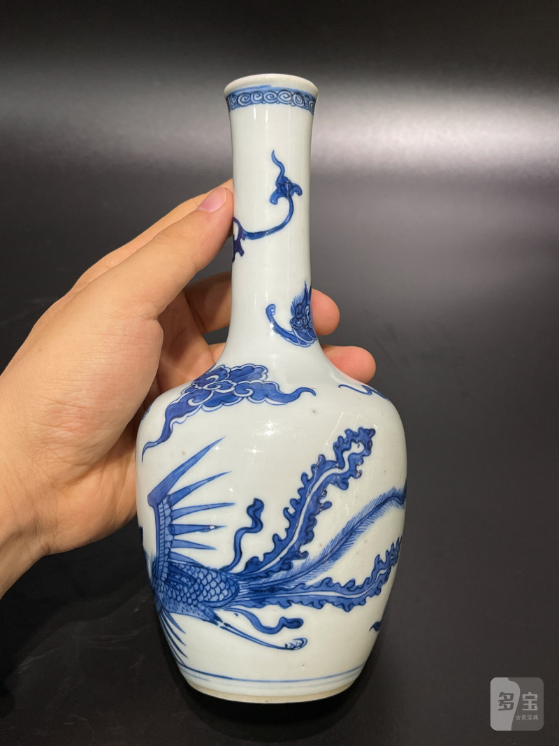 清康熙 青花凤纹长颈瓶 - 图5